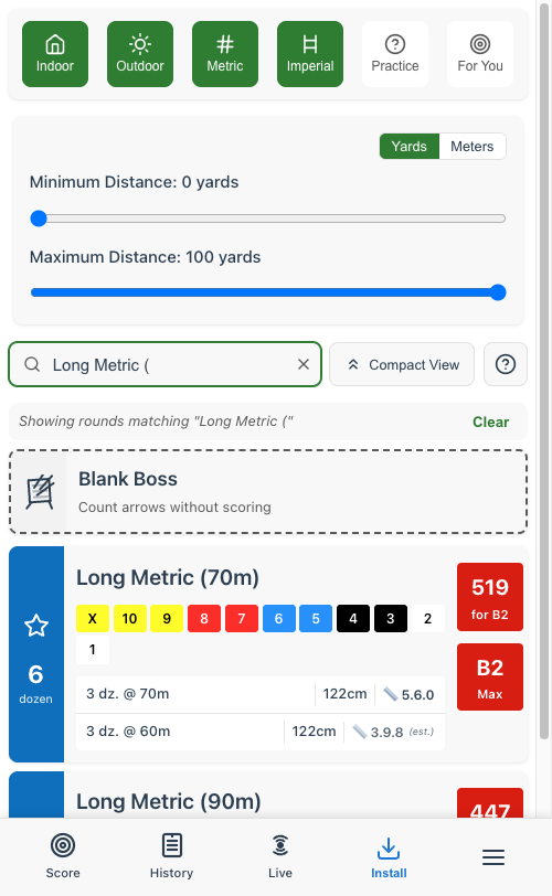 Round selection in Fast showing Long Metric (70m) and Long Metric (90m) with their distances and classification estimates
