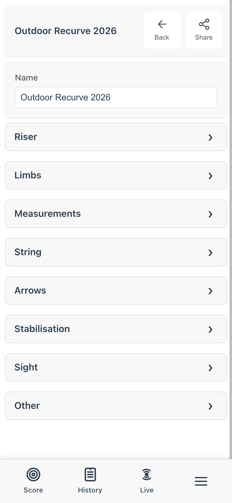 Equipment set detail page showing sections for riser, limbs, measurements, string, arrows, stabilisation, sight, and other