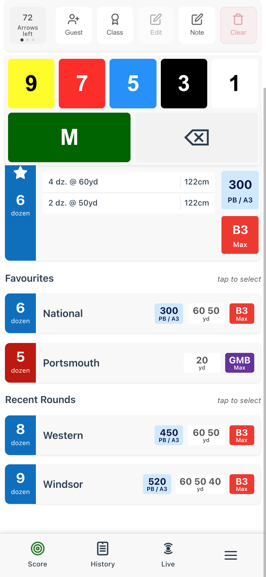 Favourites and Recent Rounds sections on the score card