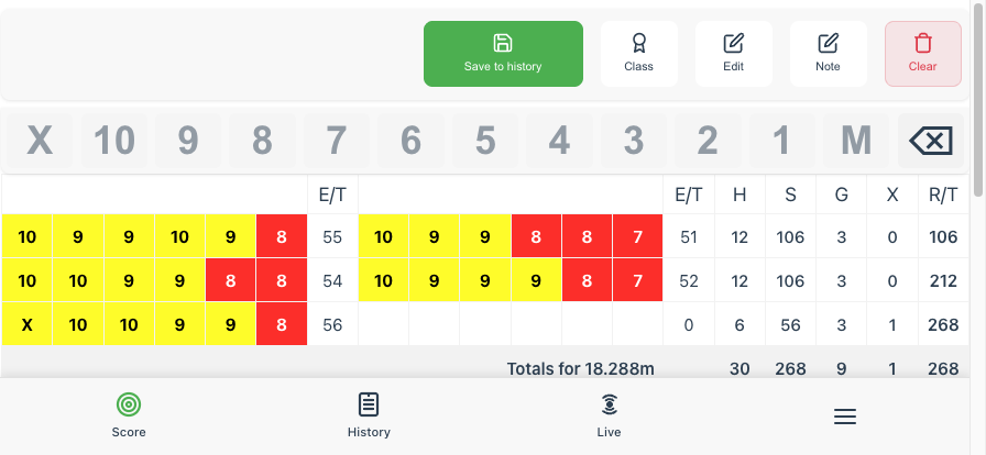 Full scorecard in landscape mode showing running totals, hits, golds and Xs