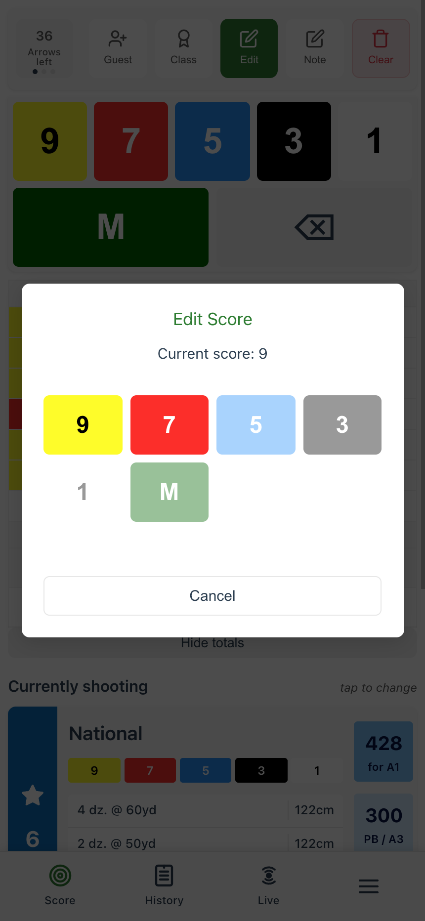 Edit score popup showing current score and available replacements