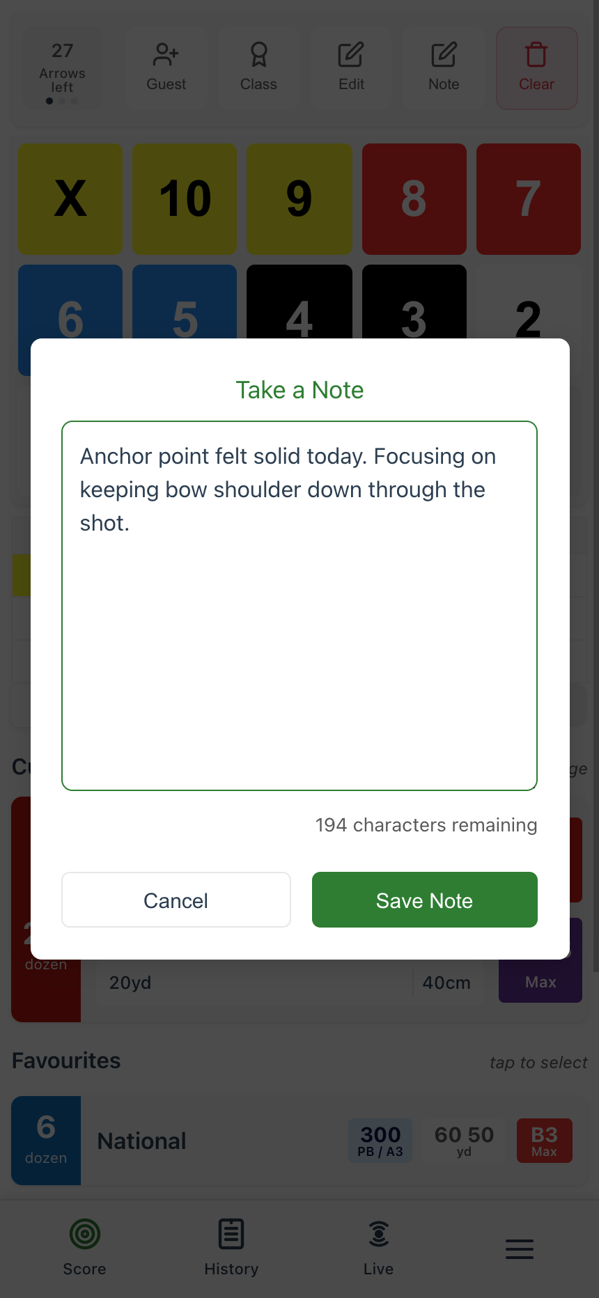 Note popup during a shoot with archery-related text