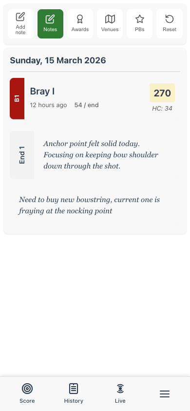 Diary showing a shoot entry with notes visible beneath the score
