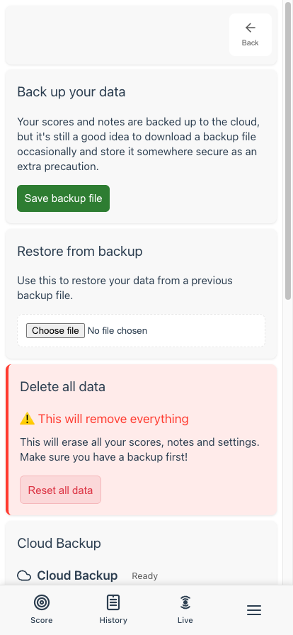 Data management page showing export and restore options