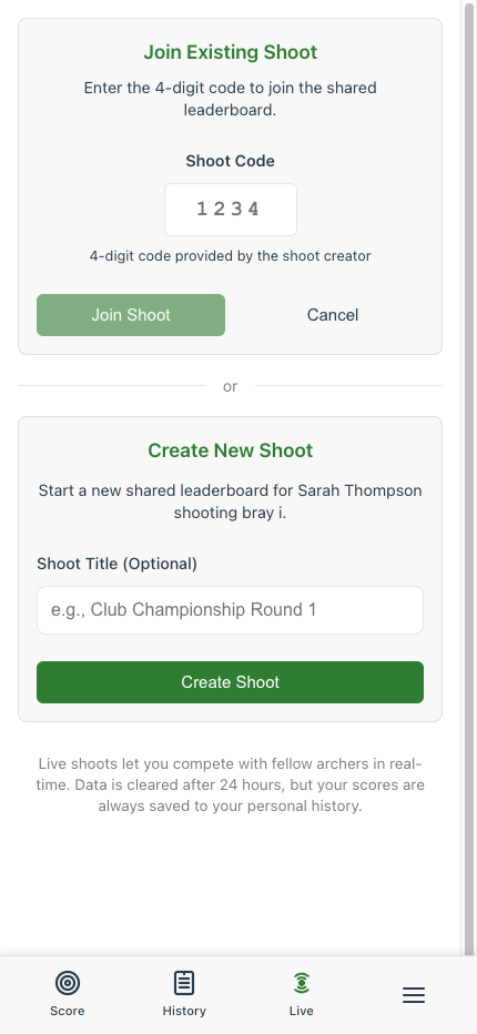 Live shooting menu showing Join Existing Shoot and Create New Shoot options