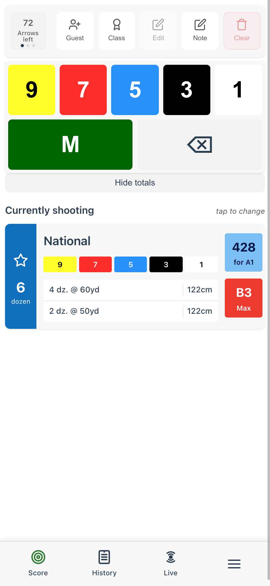 Score card showing the round selector at the bottom