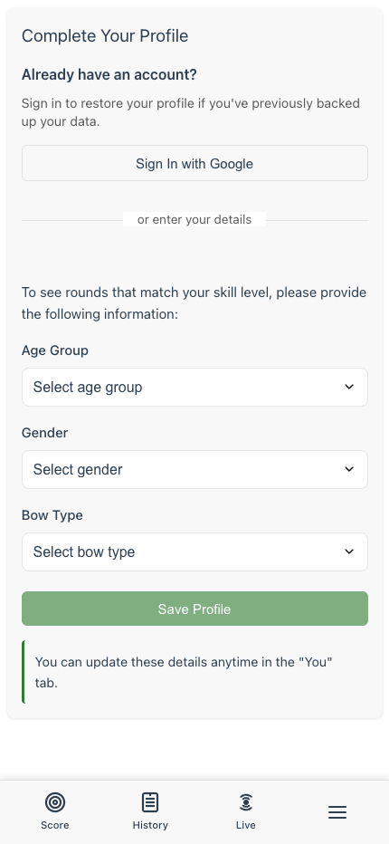 Profile form asking for age group, gender, and bow type