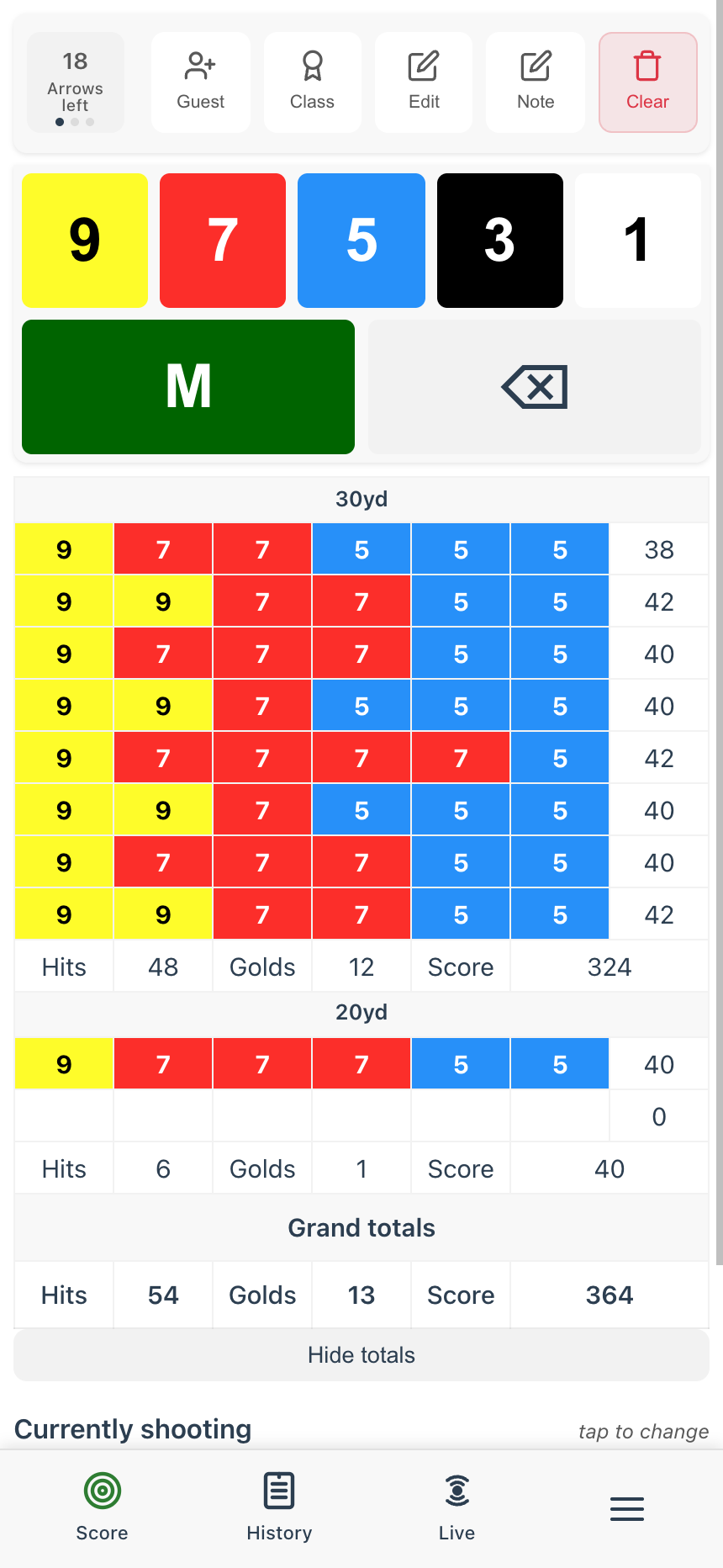 Score card mid-shoot showing scored ends with running totals