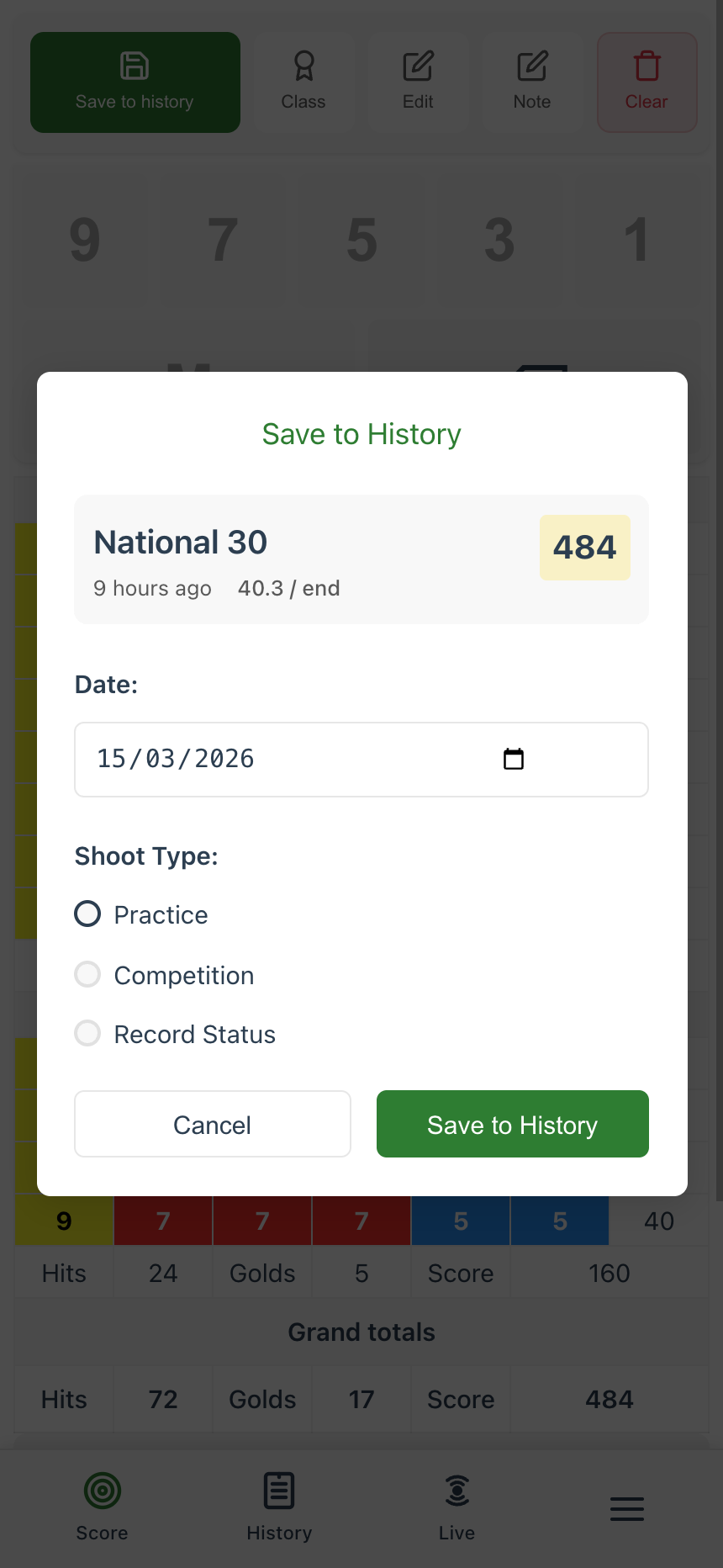 Save to History modal showing score, date, and shoot type options