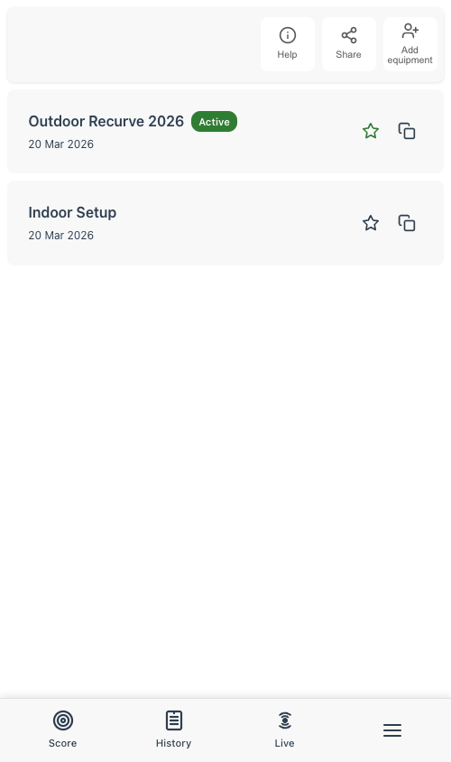 Equipment list showing two sets with active badge