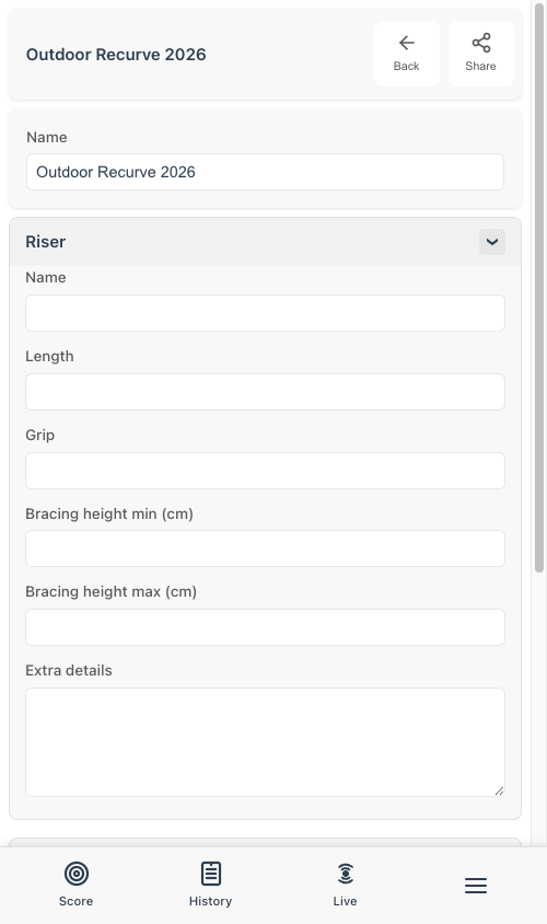 Equipment detail page showing expandable sections for Riser, Limbs, Arrows, and more