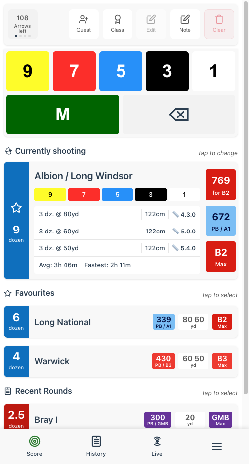 Albion round card on the scoring page showing sight marks at each distance