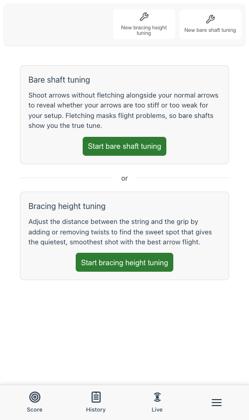 Tuning page showing bare shaft and bracing height options