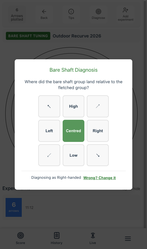 Compass picker asking where bare shafts landed relative to fletched group