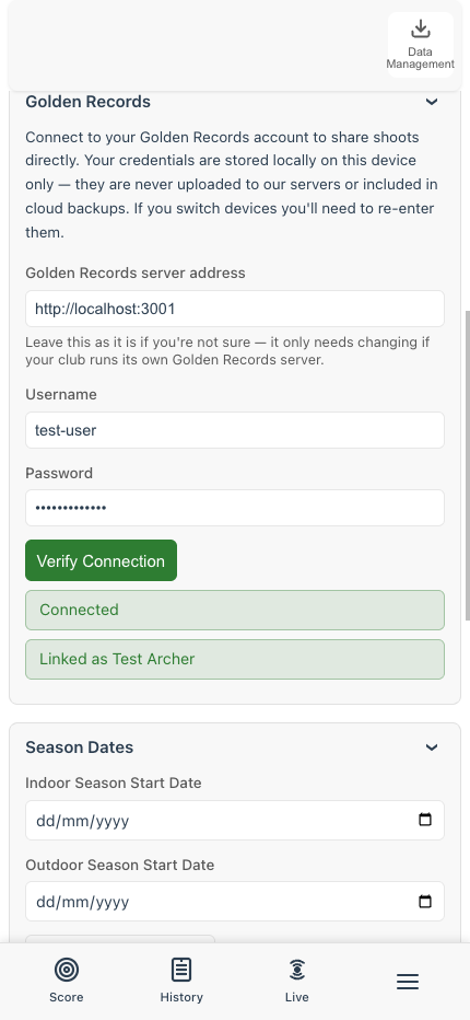Golden Records section on the You page showing server address, username, password, and Verify Connection button