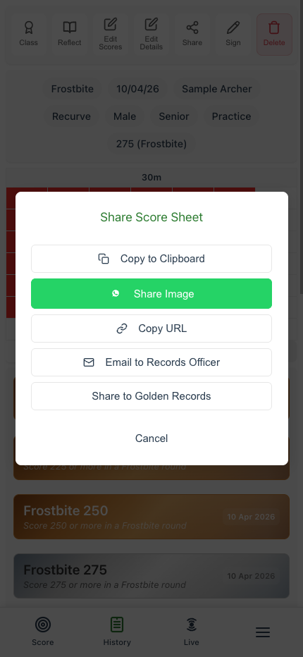 Share Score Sheet modal with the new Share to Golden Records option