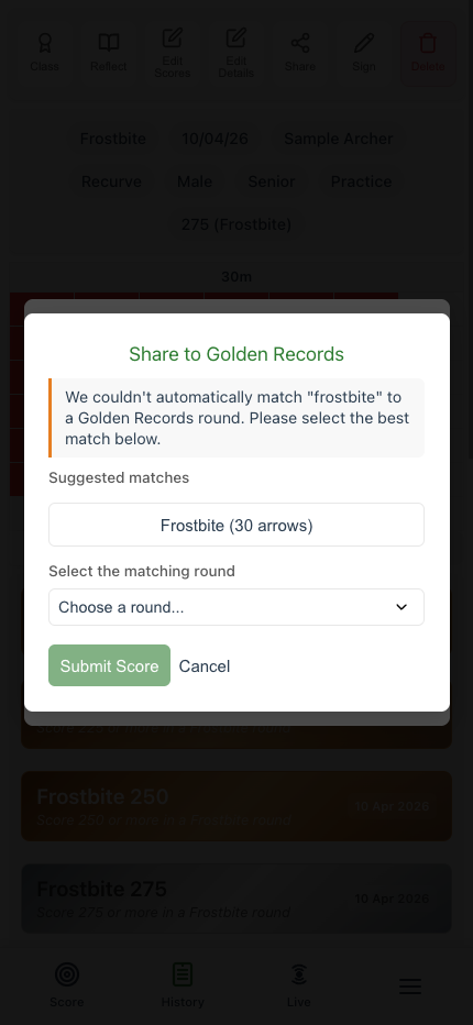 Share to Golden Records picker showing a suggested round chip and the full round dropdown